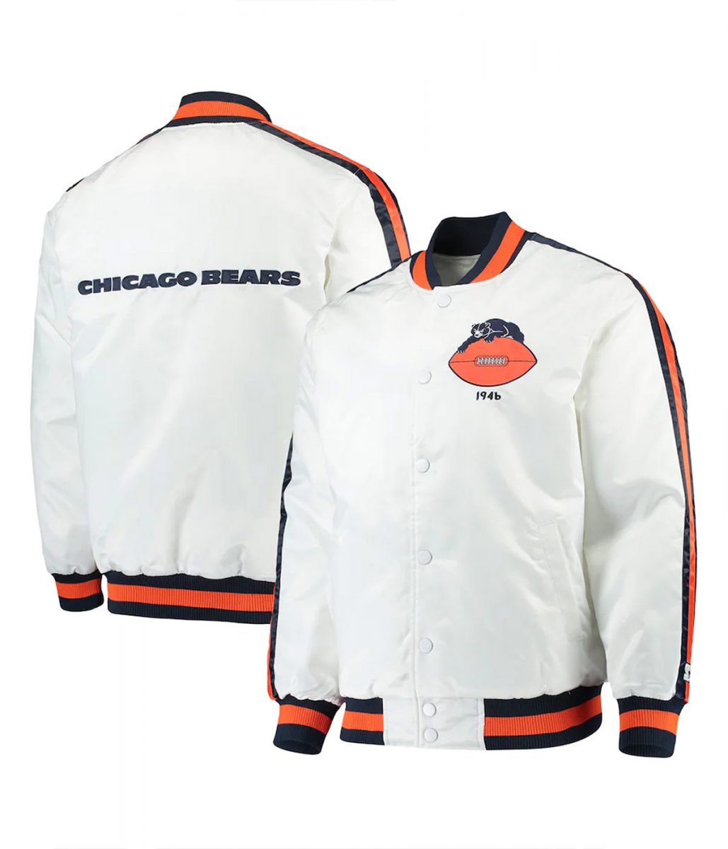 Chicago Bears Throwback D-Line White Full-Snap Satin Jacket - Image 3