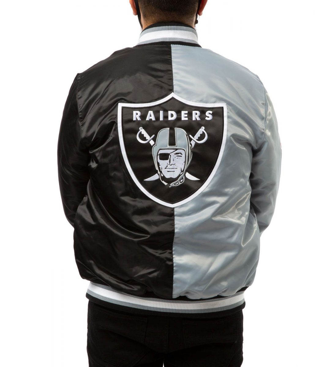 Las Vegas Raiders Bomber Satin Black and Grey Jacket - Image 2
