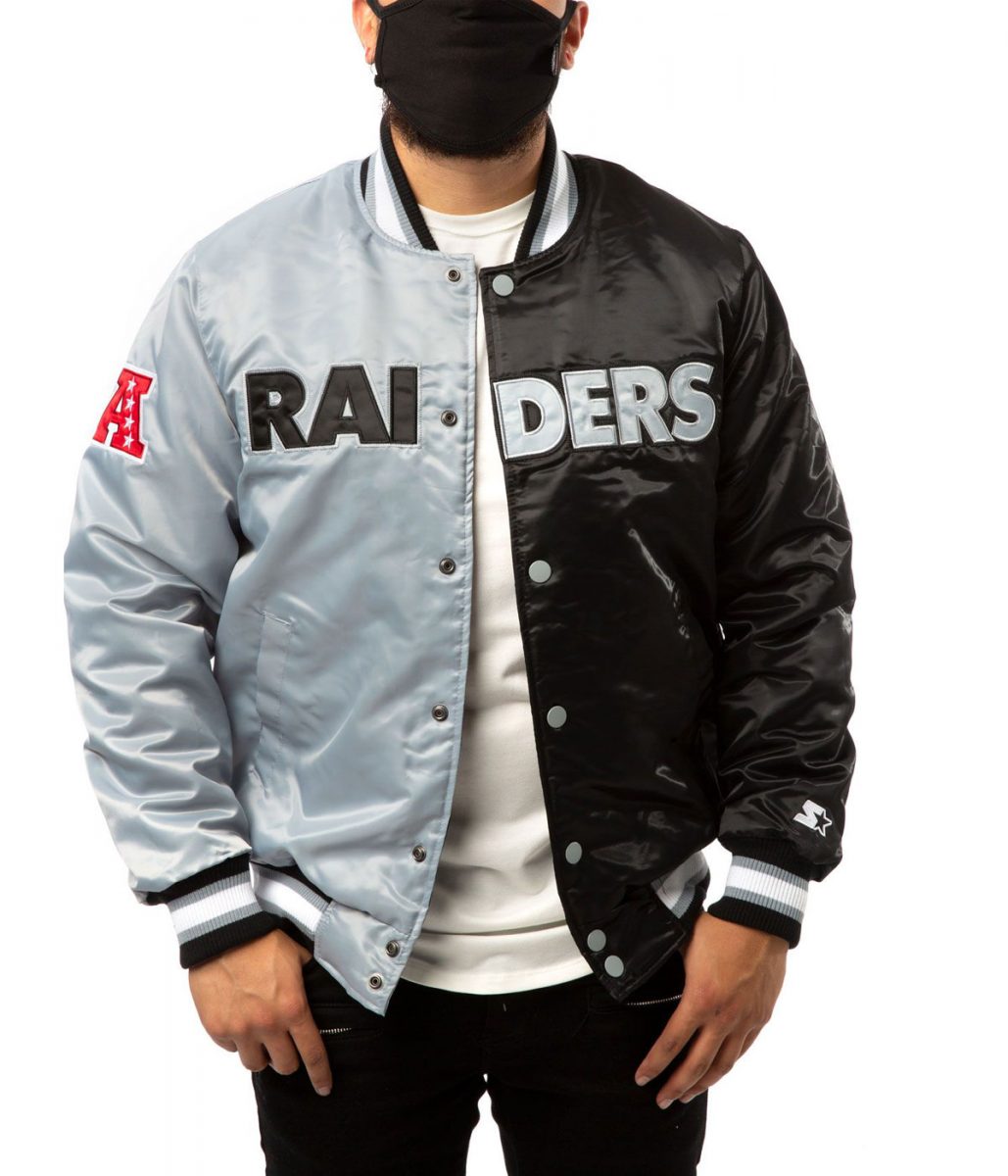 Las Vegas Raiders Bomber Satin Black and Grey Jacket - Image 3