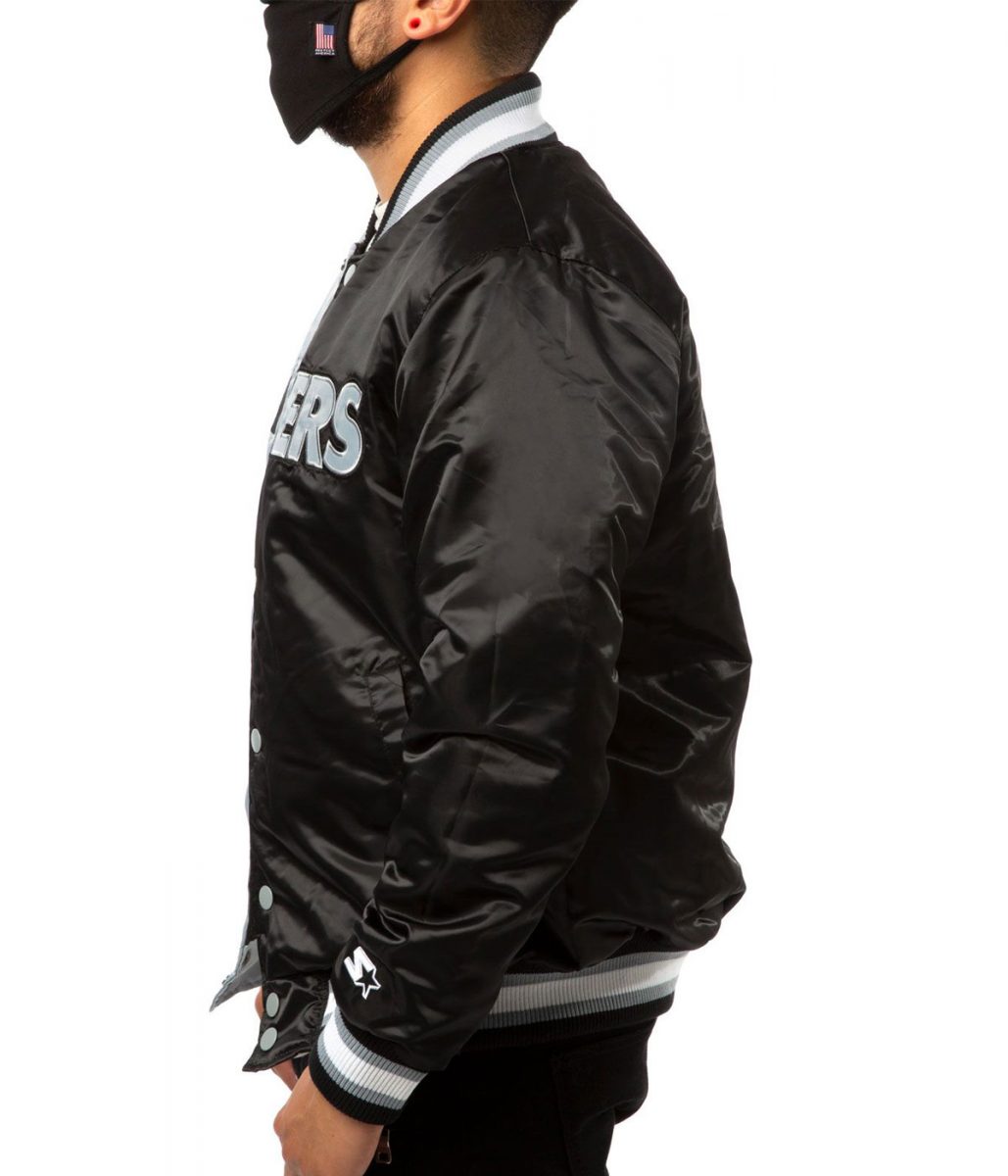 Las Vegas Raiders Bomber Satin Black and Grey Jacket - Image 4