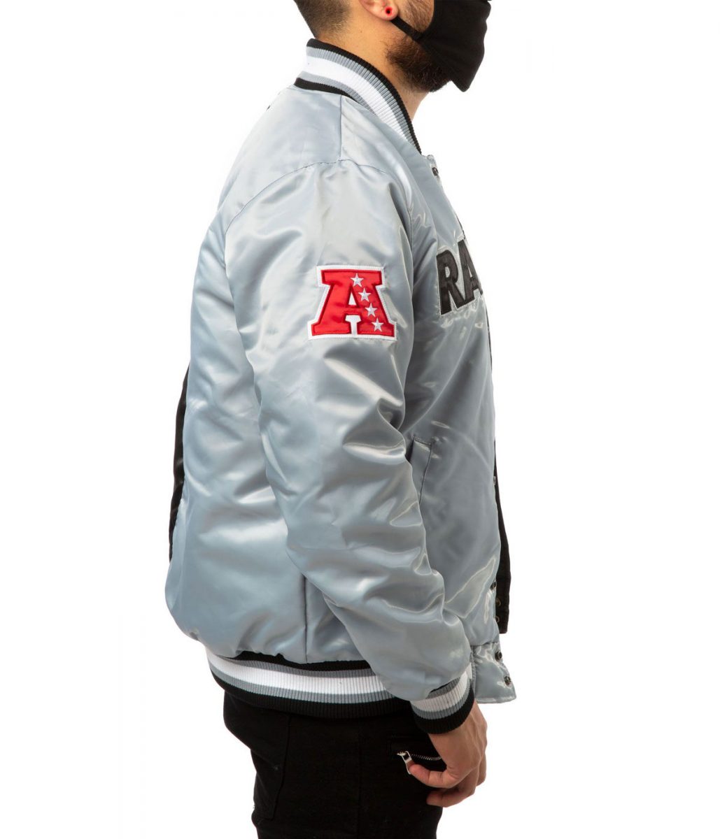 Las Vegas Raiders Bomber Satin Black and Grey Jacket - Image 5