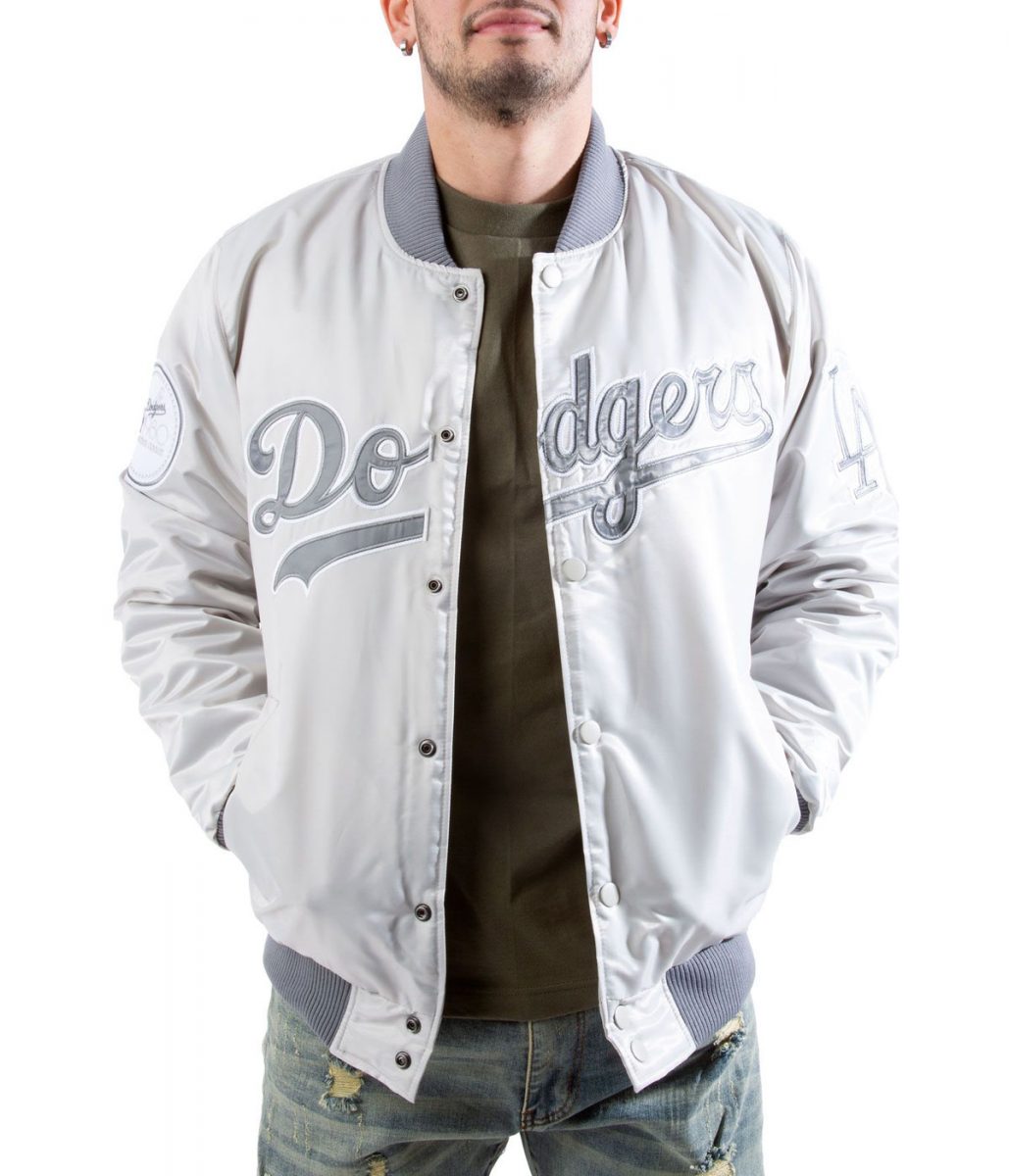 Bomber LA Dodgers Silver Satin Jacket - Image 3