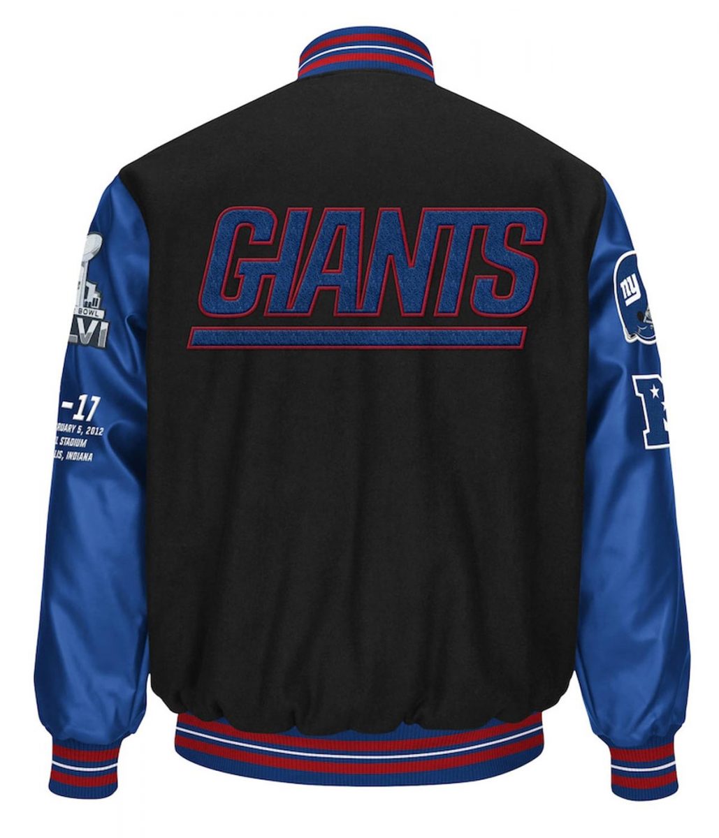 New York Giants Super Bowl XLVI Black and Blue Varsity Jacket - Image 3