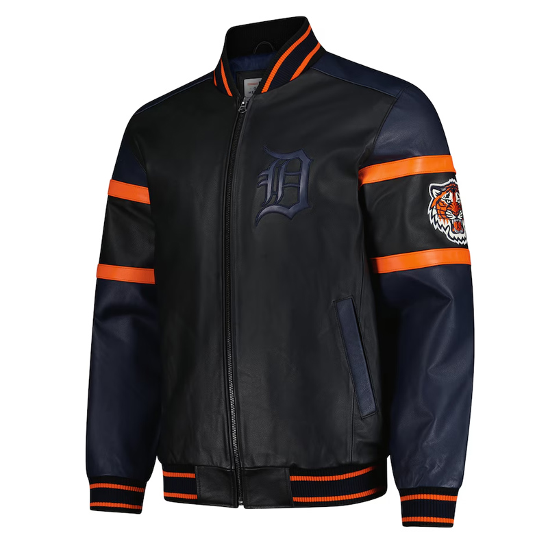 Detroit Tigers Black and Navy Varsity Leather Jacket