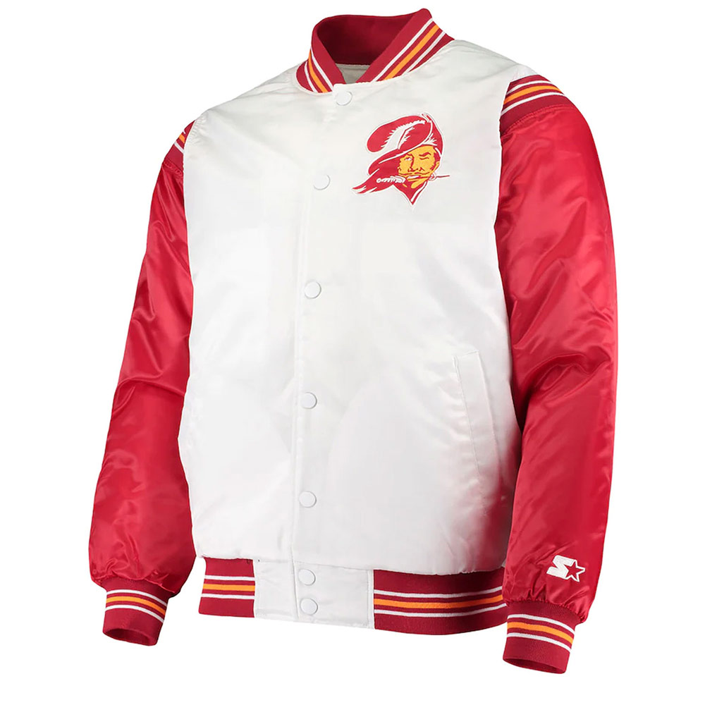 Tampa Bay Buccaneers Historic Renegade White/Red Varsity Satin Jacket - Image 3
