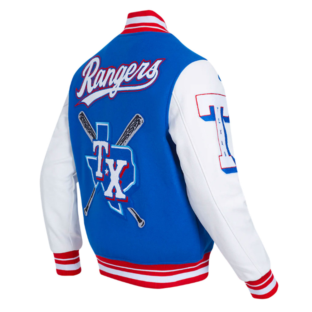 Texas Rangers Mashup Royal and White Varsity Jacket - Image 4