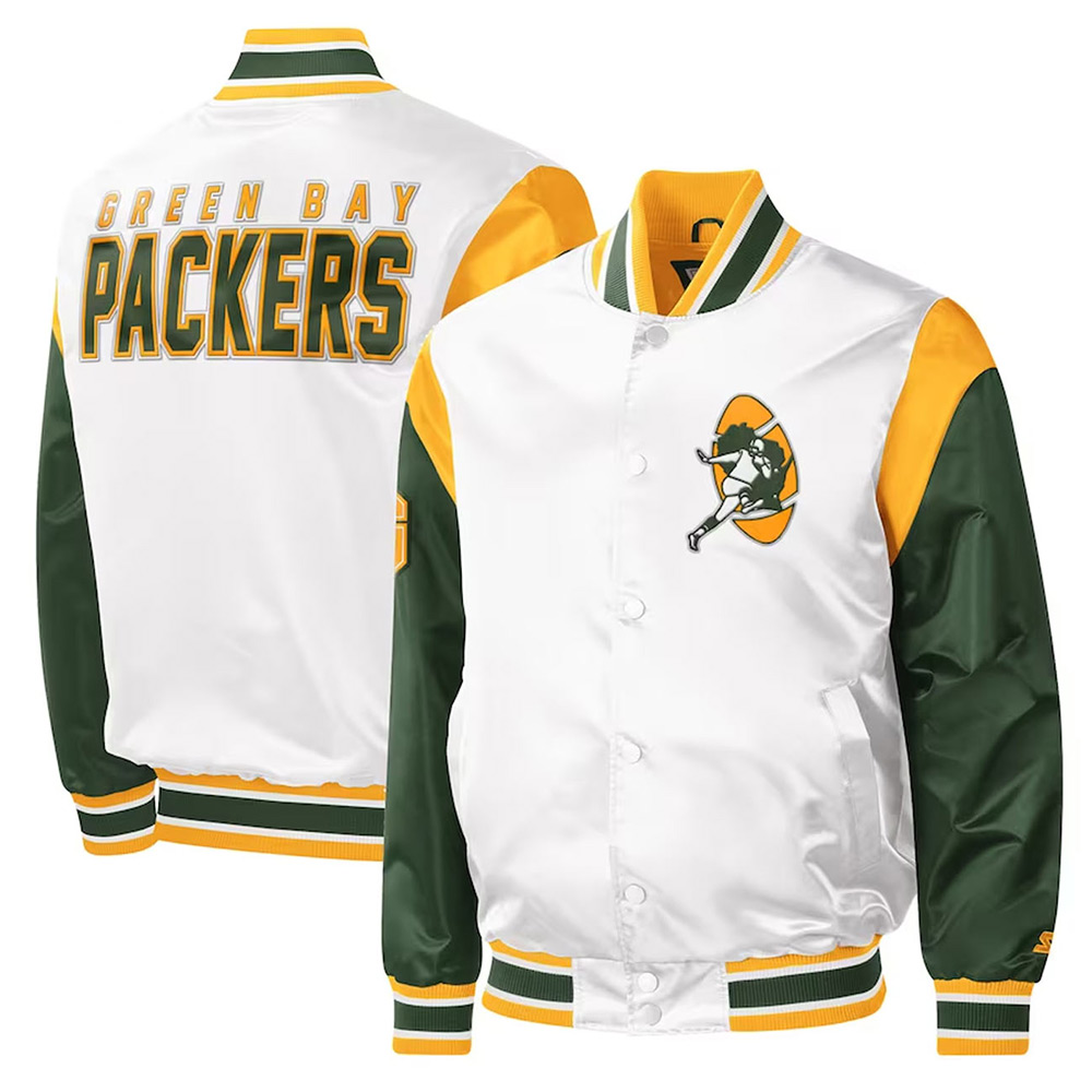 Throwback Warm Up Pitch Green Bay Packers Varsity Satin Jacket - Image 3