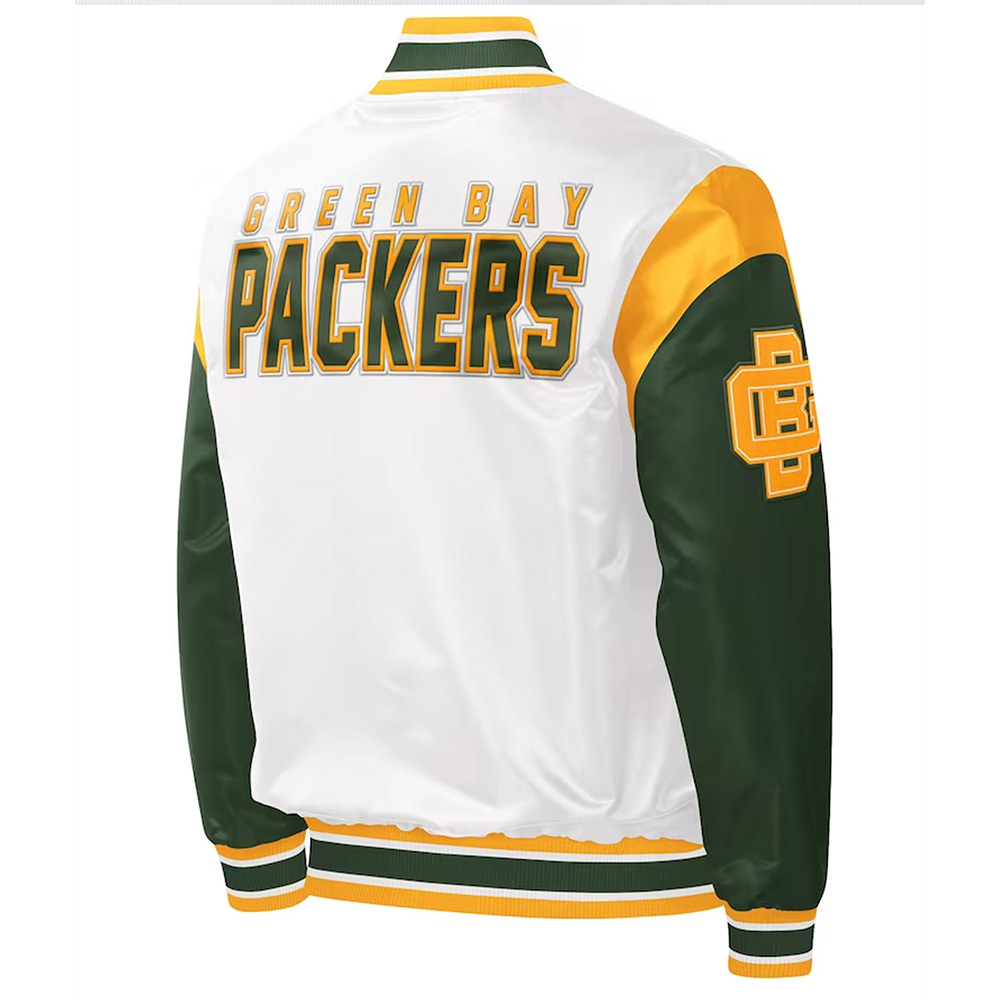 Throwback Warm Up Pitch Green Bay Packers Varsity Satin Jacket - Image 2