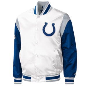 Indianapolis Colts Throwback Warm Up Pitch Varsity White Satin Jacket