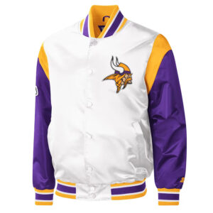 Minnesota Vikings Throwback Warm Up Pitch Varsity White/Purple Satin Jacket