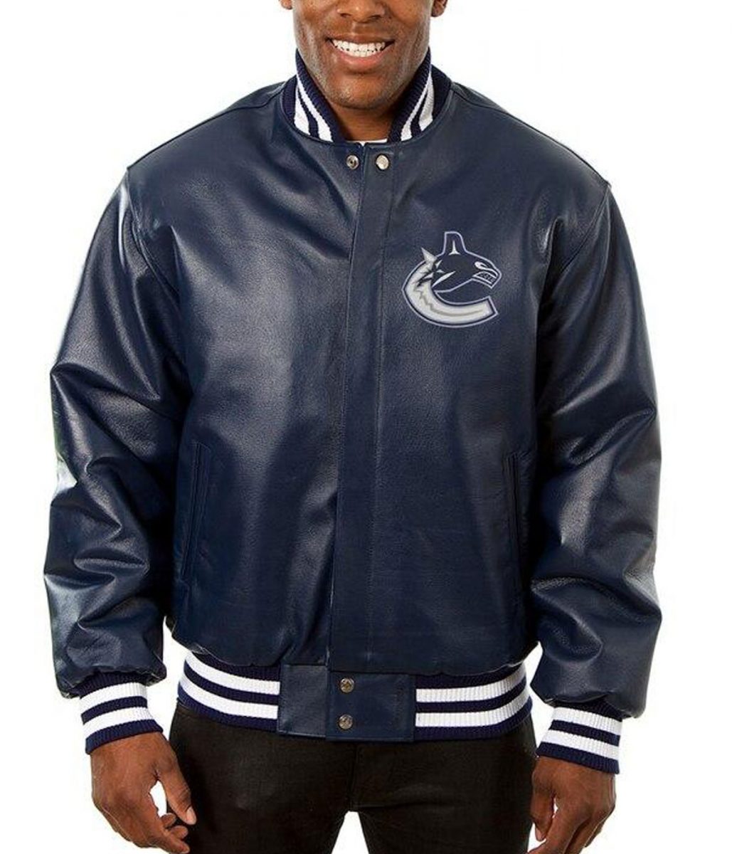 Vancouver Canucks Navy Blue Leather Varsity Jacket