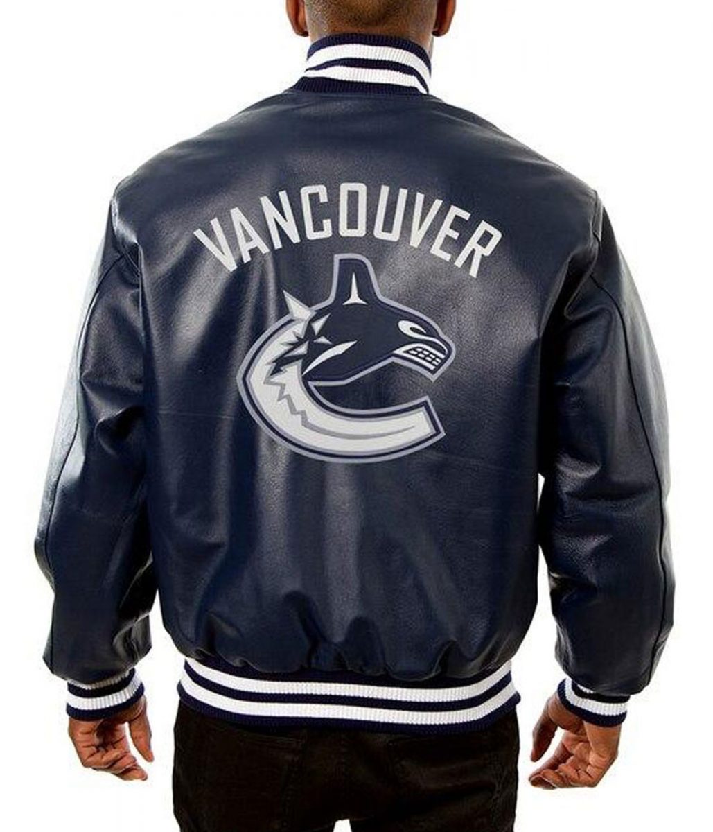 Vancouver Canucks Navy Blue Leather Varsity Jacket - Image 2