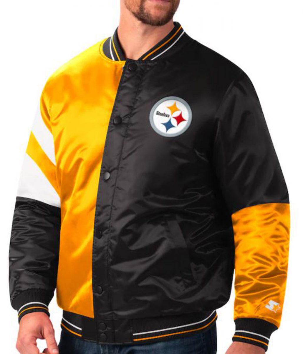 Satin Pittsburgh Steelers Yellow and Black Varsity Jacket - Image 4