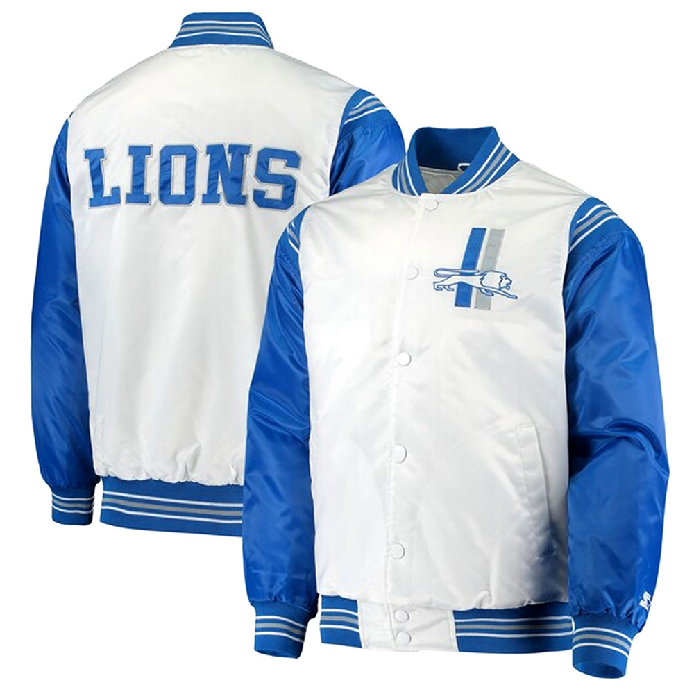 Detroit Lions Historic Logo Renegade White/Blue Satin Jacket - Image 3