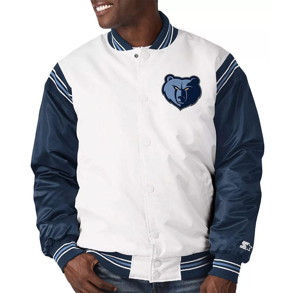 White/Navy Memphis Grizzlies Renegade Varsity Satin Jacket - Image 4