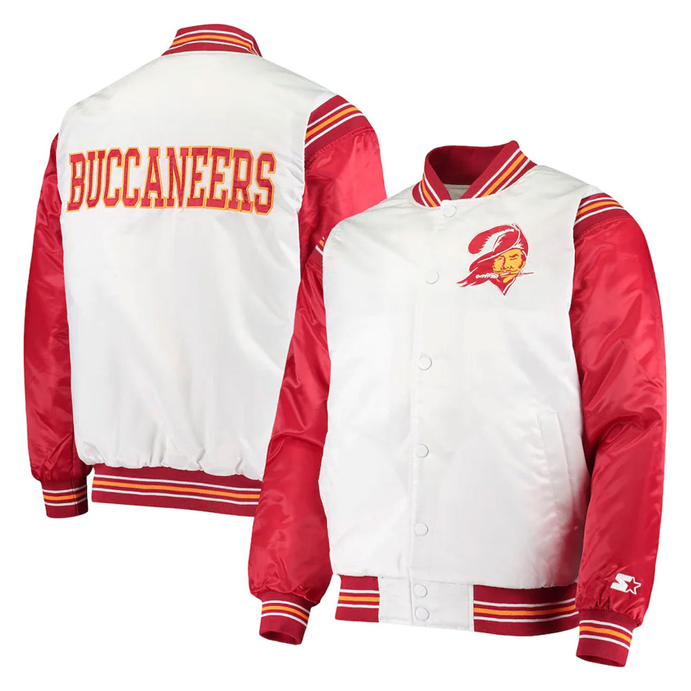 Tampa Bay Buccaneers Historic Renegade White/Red Varsity Satin Jacket - Image 5