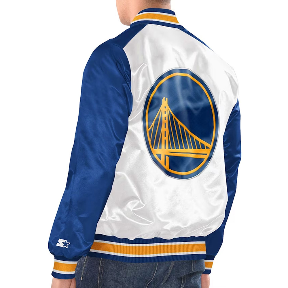 White/Royal Golden State Warriors Renegade Varsity Satin Jacket - Image 2