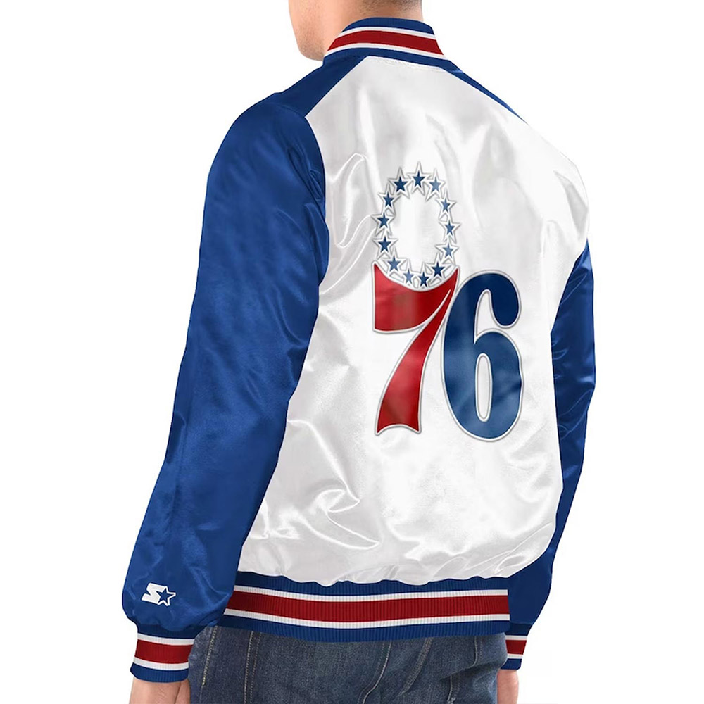 White/Royal Philadelphia 76ers Renegade Varsity Satin Jacket - Image 2