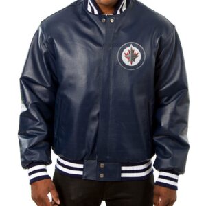 Varsity Winnipeg Jets Navy Blue Leather Jacket