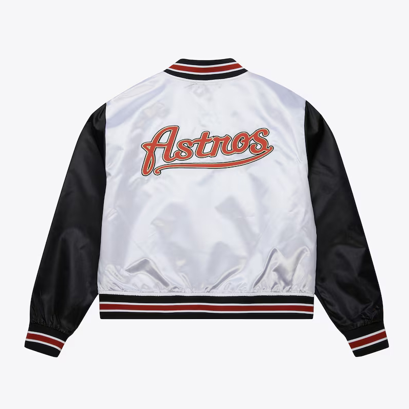 Womens Houston Astros Cropped White and Black Satin Jacket - Image 2