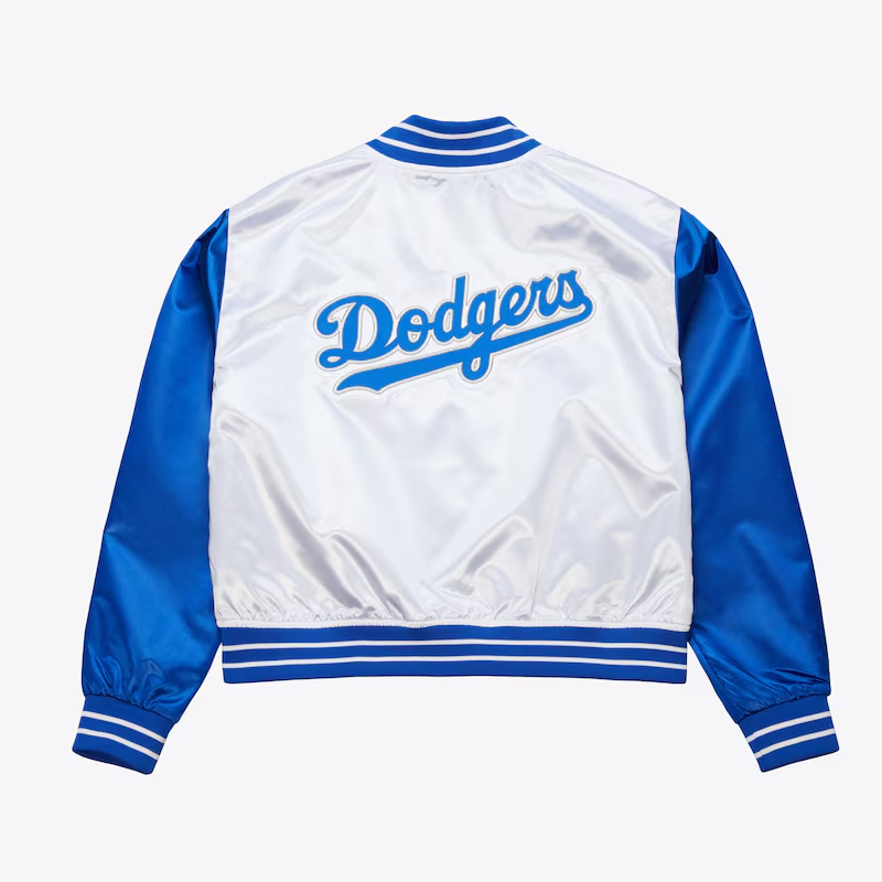 Womens LA Dodgers Cropped White and Blue Satin Jacket - Image 2