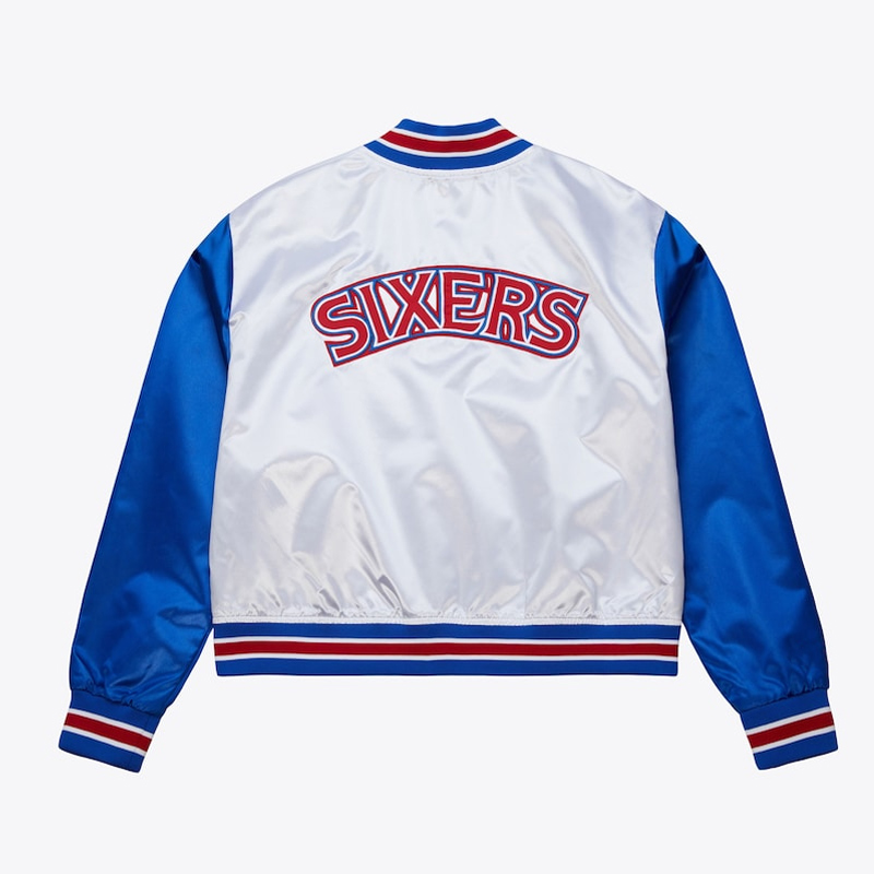 Women's Philadelphia 76ers Cropped White and Blue Satin Jacket - Image 2