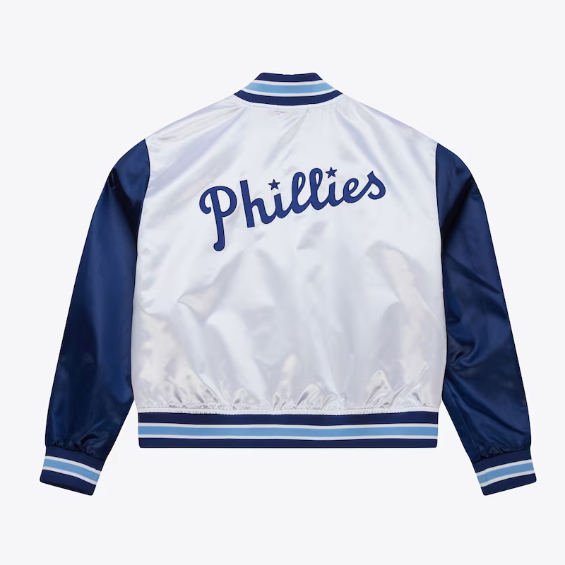 Womens Philadelphia Blue Jays Cropped White and Blue Satin Jacket - Image 2