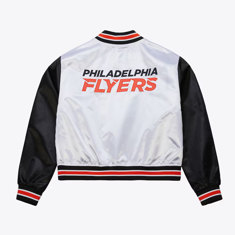Women's Philadelphia Flyers Cropped White and Black Satin Jacket - Image 2