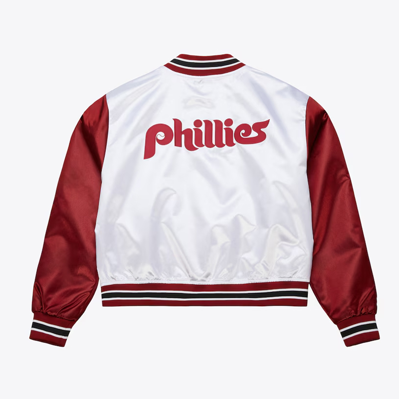 Womens Philadelphia Phillies Cropped White and Red Satin Jacket - Image 2